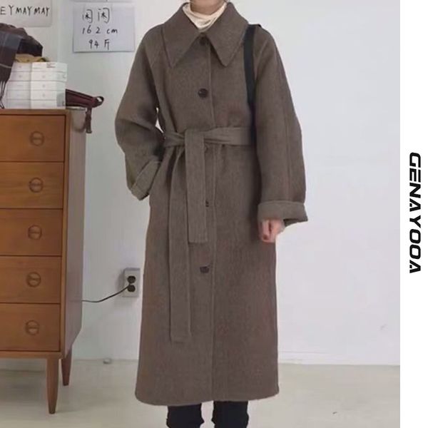 

genayooa autum winter office ladies long wool coat for women warm minimalist slim elegant overcoat with belt korean fashion 210417, Black