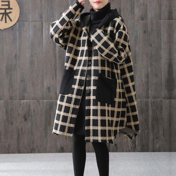 

women's fur & faux women plaid yellow vintage parkas irregular hooded coats 2021 autumn new button pockets female chinese style 0c, Black