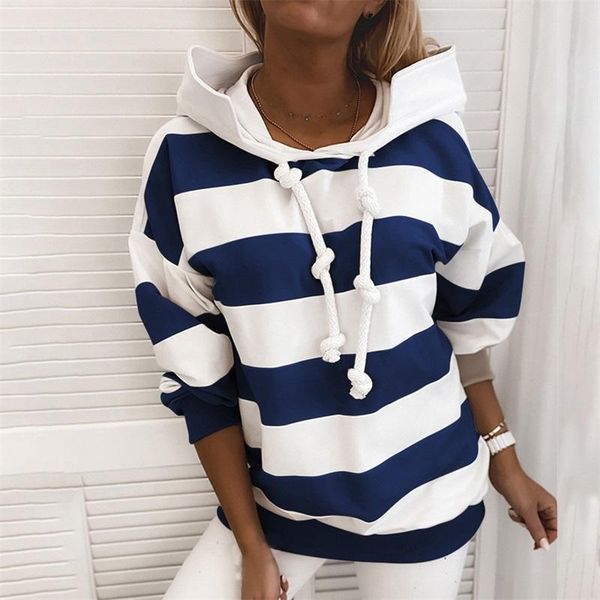 

women's hoodies & sweatshirts 2021 autumn winter women long sleeve striped print hooded sweatshirt fashion lace up jumper pullovers fem, Black