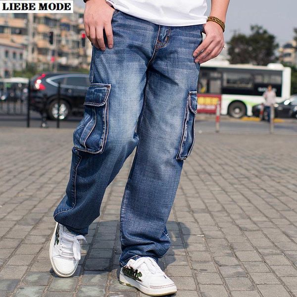 

men's jeans mens loose cargo with side pockets men streetwear hip hop baggy male blue wide leg denim pants large plus size 44 46