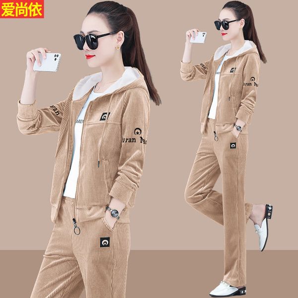 

corduroy fashion suit women's new korean version spring and autumn golden veet sportswear leisure sweater three piece set, Gray