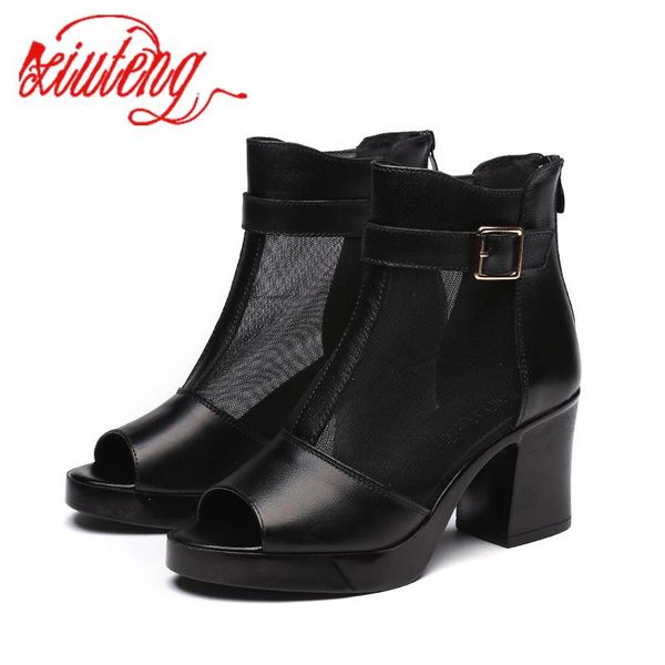 

boots xiuteng 2021 leather mesh gauze sandals wedges rome net shoes bud silk mom cowhide women's, Black