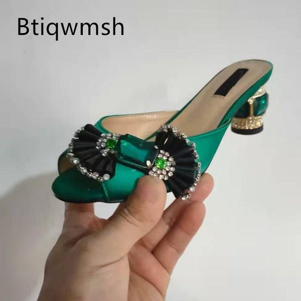 

slippers green luxury satin women open toe diamond fan flower strange jewelled heels shoes woman party, Black