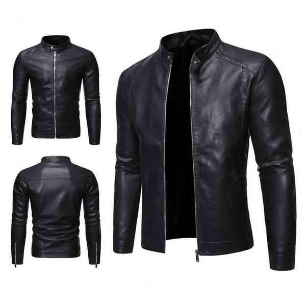 

fall/winter zipper stand collar men's faux leather coat windproof slim motorcycle et, Black