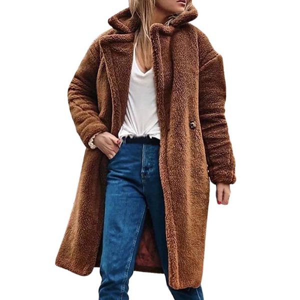 

women's fur & faux coat women winter jacket fashion warm wool oversize lapel trend long outerwear female button teddy coats, Black