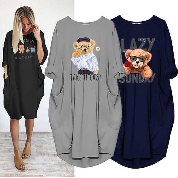 

casual dresses women midi dress loose pocket autumn long sleeve teddy bear cartoon print sundress beach vestidos robe femme streetwear, Black;gray