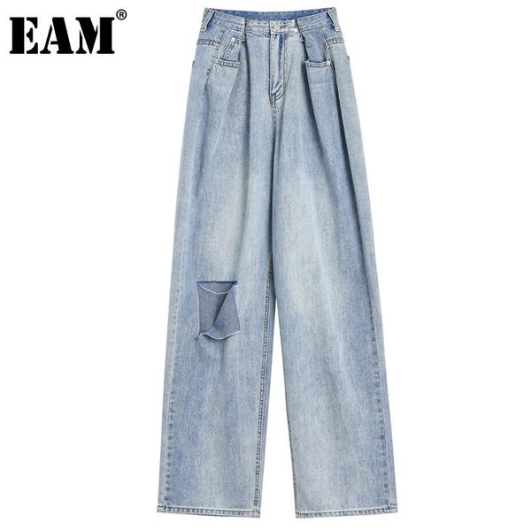

women's jeans [eam] high waist blue holes spliecd long wide leg loose women trousers fashion tide spring autumn 2021 1dd9013