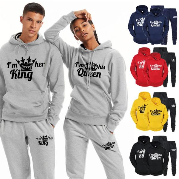 

couple printed sportswear, large hoodie, women's two-piece set, Gray