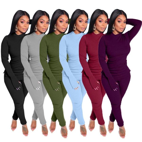 

fashion women's sportswear solid color high collar long sleeves+slim leggings suit elastic force motion fitness wear two piece pants, White