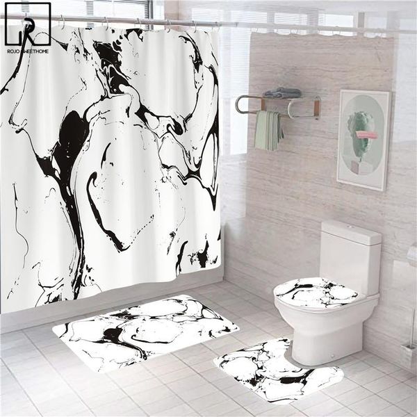 

shower curtains black white marble line print polyester curtain with hook toilet lid cover bath mat set carpet rugs modern wc accessories