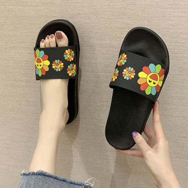 

women slippers summer shoes pvc flower cute cartoon slides bathroom house footwear woman casual flats fashion comfort, Black