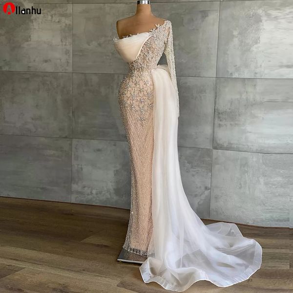 2022 Plus Size Abiti da sera in rilievo di pizzo a sirena di lusso Una spalla Bling Crystal Long Dubai Prom Party Dress 5s4