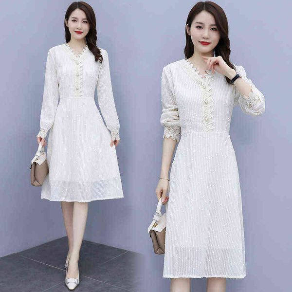 

woman casual dresses 2022 suit skirt temperament lace v-neck lantern sleeve chiffon dr, Black;gray