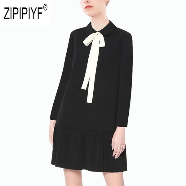 

casual dresses 2021 autumn fashion women doll neck bow bandage design little black short elegant office z2293, Black;gray
