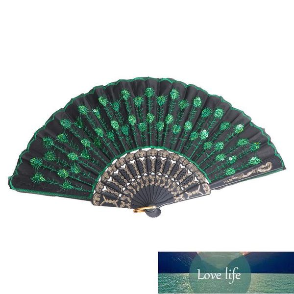 Decorativos Objetos Bonito Pavão Padrão Estilo Handheld Fã Dobrável Mulheres Senhoras Silk Hand Com Lantejoulas Verdes Favores Favores Presente Impressionante