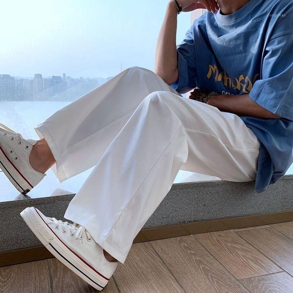 

men's pants summer straight ice silk korean casual fashion loose wide-leg streetwear trousers men, Black