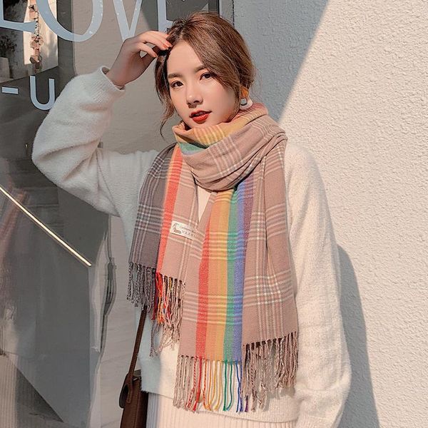

hats, scarves & gloves sets scarf women autumn and winter fashion imitation cashmere rainbow plaid thick warm student dual-use big shawl, Blue;gray