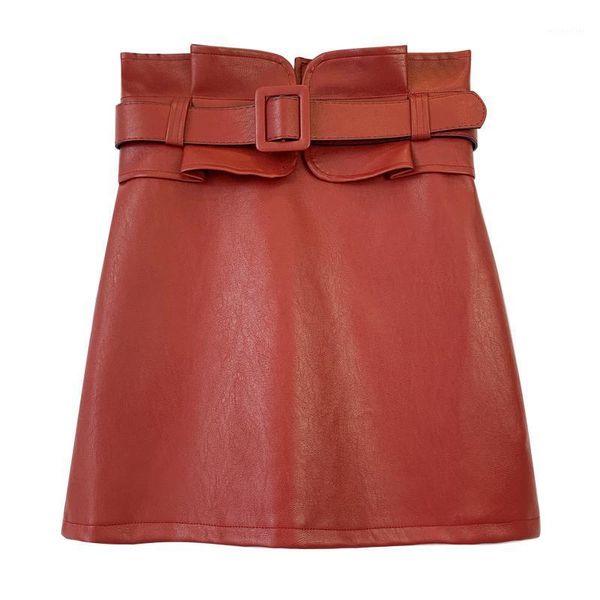

high waist pu women a-line mini skirt bandage belt bud skirts autumn winter ladies bottoms, Black