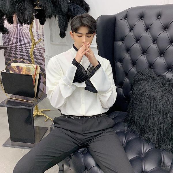 

men ruffle stand collar long sleeve casual shirts male vintage fashion gothic dress stage costumes couple clothing men's, White;black