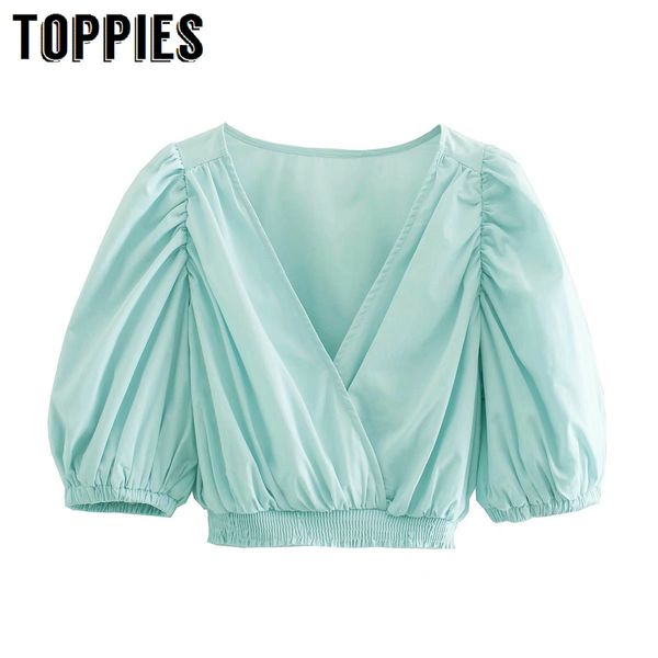 

ies new women v neck puff sleeve short shirts solid shirt 210412, White