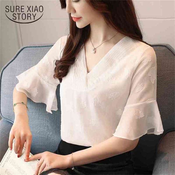 

summer embroidery organ pleat women blouses shirts v-neck chiffon shirt short sleeve sweet female blusa 0391 40 210506, White