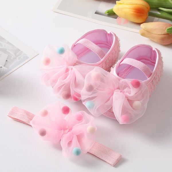 

first walkers 2pcs/set born baby girl shoes headband set cute bow ball soft sole infant toddler 0-18m prewalkers