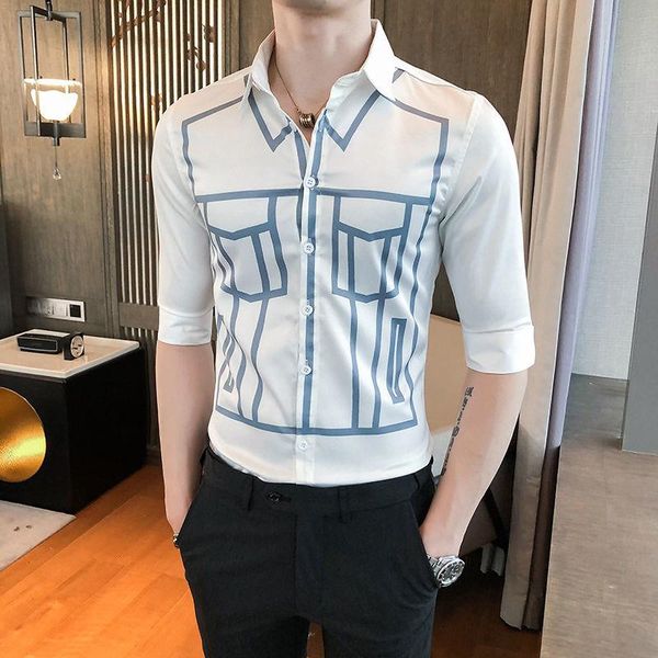 

men's casual shirts graffiti line print mens harajuku camisas para hombre hip hop social club outfits business formal dress men summer, White;black