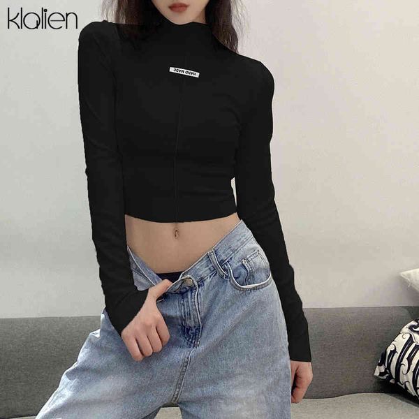 

t shirt autumn fashion slim long sleeve turtleneck solid rib knitted women t shirt simple korean office lady cotton female top, White