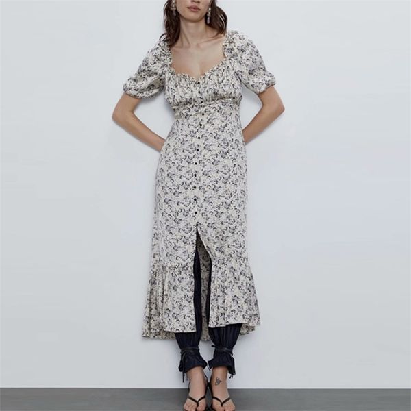 

women summer vintage print shirts dress puff sleeve ruffles satin fashion female elegant street long dresses vestidos ww6916 210513, Black;gray