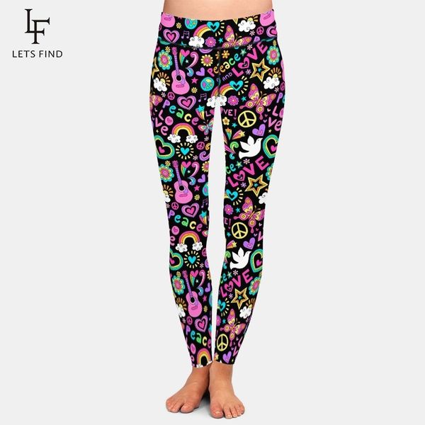 

letsfind 2020 new arrival women pants fashion peace love and music printing high waist soft fitness elastic leggings plus size, Black;white