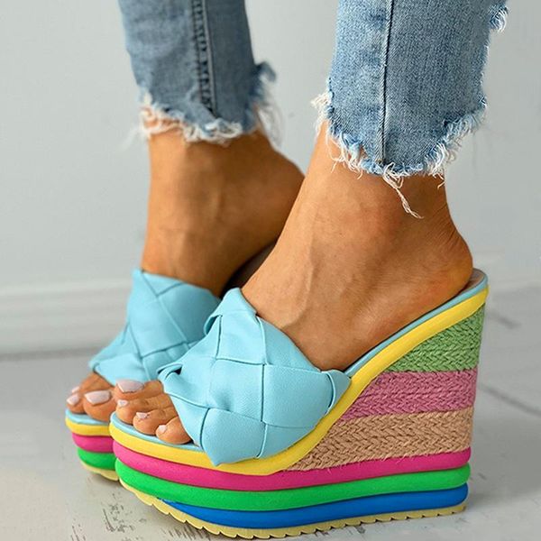 

slippers 2021 summer bohemia casual rainbow peep toe platform sandals for womens wedges sandalias plataforma shoes high, Black