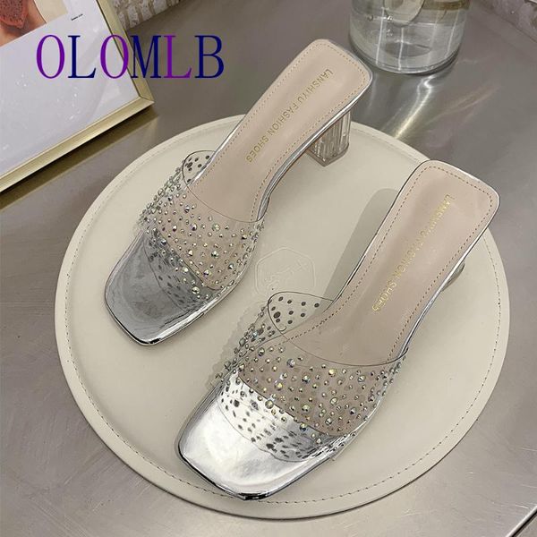 

slippers pvc rhinestones slipper women fashion high heels ladies sandal fish mouth crystal party square heel shoes a981, Black