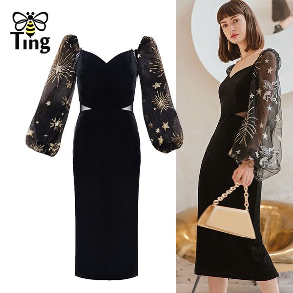 

designer fashion glitter star long lantern sleeve velvet midi dress party dinner dresses bodycon vestidos black za 210513, Black;gray