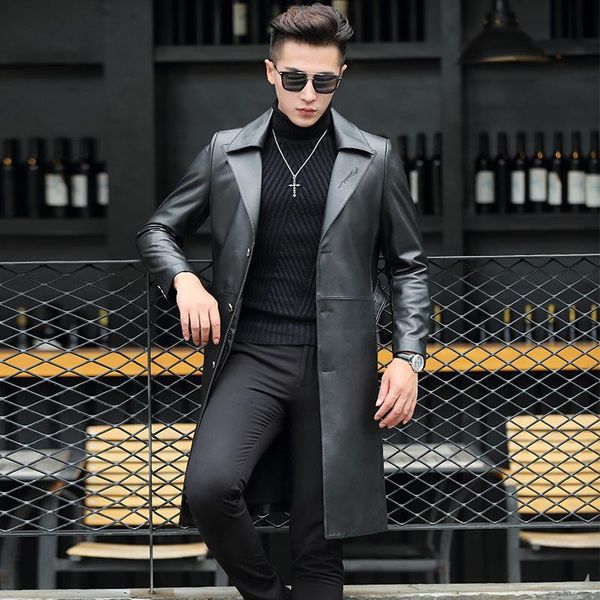 

men's leather & faux 2021 long windbreaker jacket sheepskin domineering models 140, Black