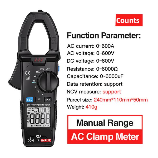 Digital-Klemmzähler DC-Strom AC / DC-Spannung OHM True RMS Auto Range VFD-Kapazität NCV-Tester Ammeter Multimeter