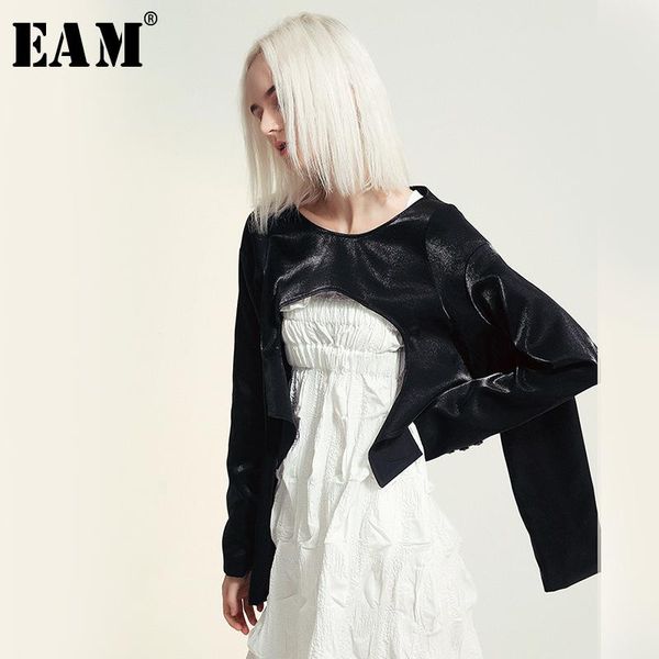 

women's jackets [eam] loose fit glossy personality short jacket round neck four long sleeve women coat fashion tide spring autumn 2021, Black;brown