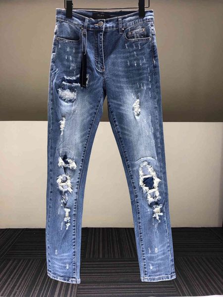 

am style new embroidered patchwork pierced jeans men's blue knee slim tight star