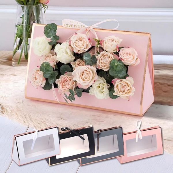

flower gift boxes clear window transparant portable packing foldable arrangement vase wedding decor bags wrap