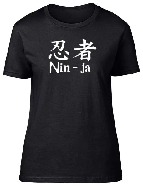 

ninja in japanese womens ladies fitted t-shirt, White;black