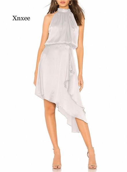 

elegant irregular silk lace up slim female halterneck dress summer sleeveless backless fashion banquet nightclub midi casual dresses, Black;gray