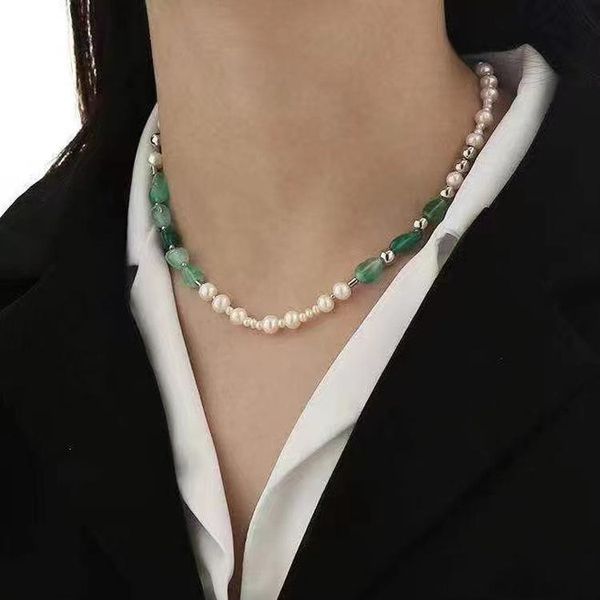 

chains light luxury retro emerald natural stone pearl mixed patchwork necklace high street texture collarbone chain fashion trend, Silver