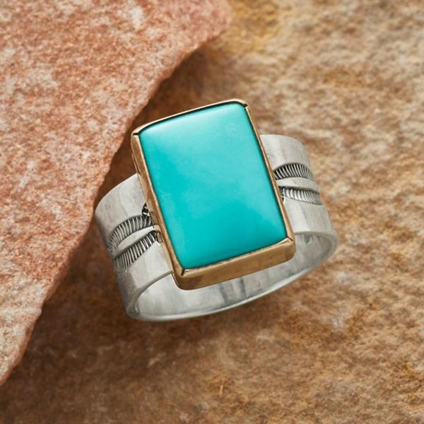 

cluster rings boho tribal geometric turquoises stone for women vintage antique silver color handmade carved flower jewelry, Golden;silver