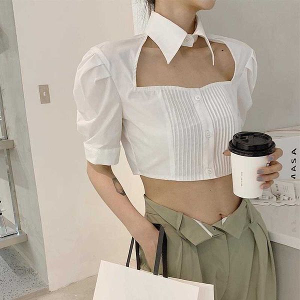 

women's blouses & shirts blouses summer crop women navel puff sleeve hollow slim turn-down collar soild casual outdoor s bap5, White