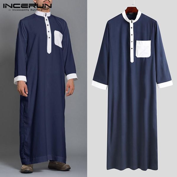 

fashion men muslim kaftan stand collar patchwork long sleeve robe islamic arabic middle east jubba thobe abaya incerun 5xl 7 ethnic clothing, Red