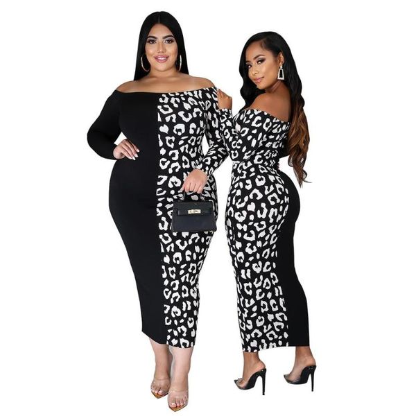 

fashion printing patchwork women party dress plus size slash neck long sleeves club dresses real image xl-5xl casual, Black;gray