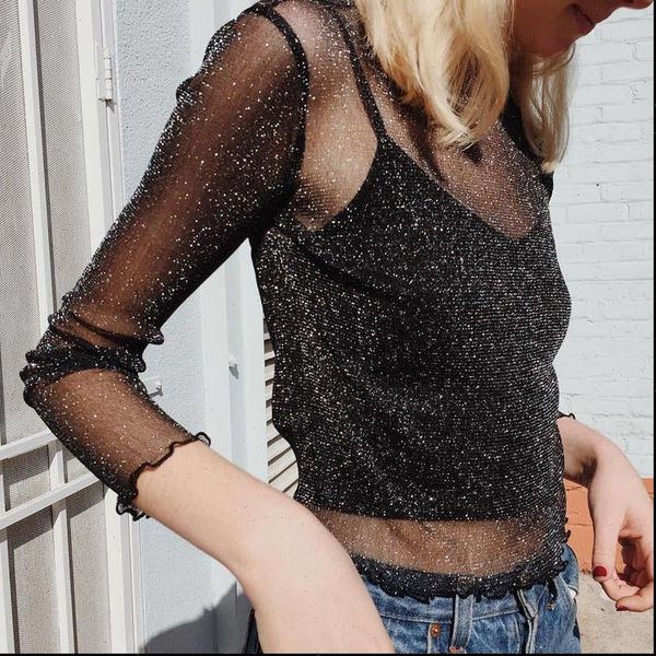 

clothing mesh clubwear women shirts long sleeve transparent party casual, White