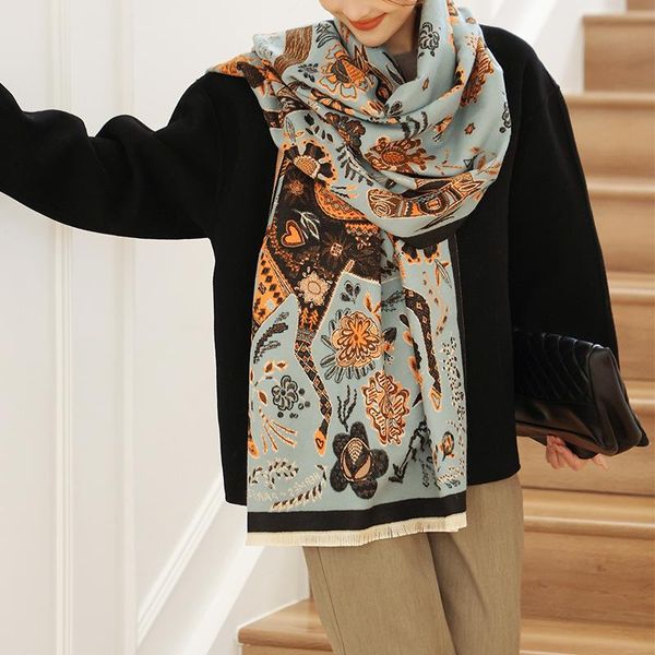 

scarves 2021 women winter scarf luxury design horse thick warm cashmere pashmina shawl lady wrap female blanket poncho, Blue;gray