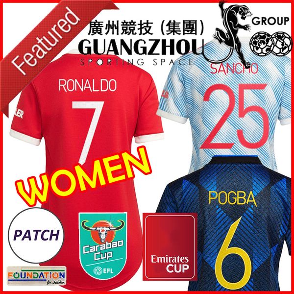 

ronaldo sancho 2021 2022 women soccer jersey man league manchester fernandes united pogba 21 22 female home away utd third football shirt ra, Black;yellow