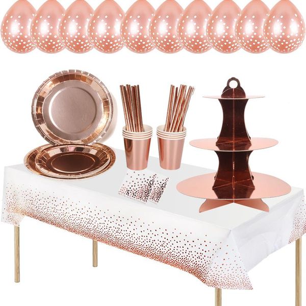 

disposable dinnerware birthday party decorations rose gold cake stand tablecoth napkins anniversaire wedding decor supplies