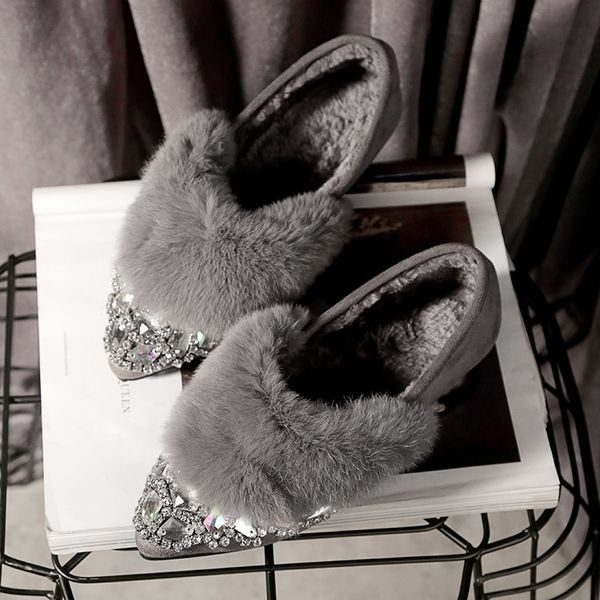 

sandals winter fashion pointed flat shoes plus velvet warm lazy rabbit fur scoop comfortable casual women's work 72ht, Black